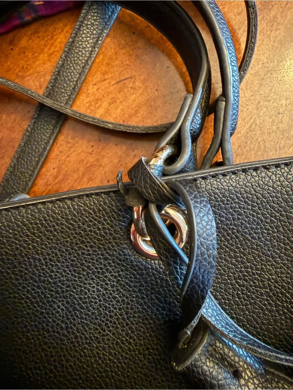 Anne Klein Black Pebbled Leather Shoulder Tote with Tassel